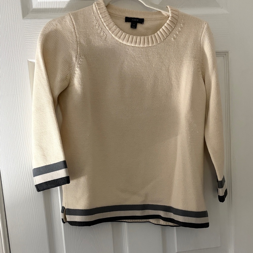 J. Crew Cream Crewneck Sweater with Gray Stripe Accents